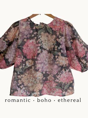 H&M Sheer Floral Puff Sleeve Blouse Hydrangea Print Tie Back XL Boho Romantic